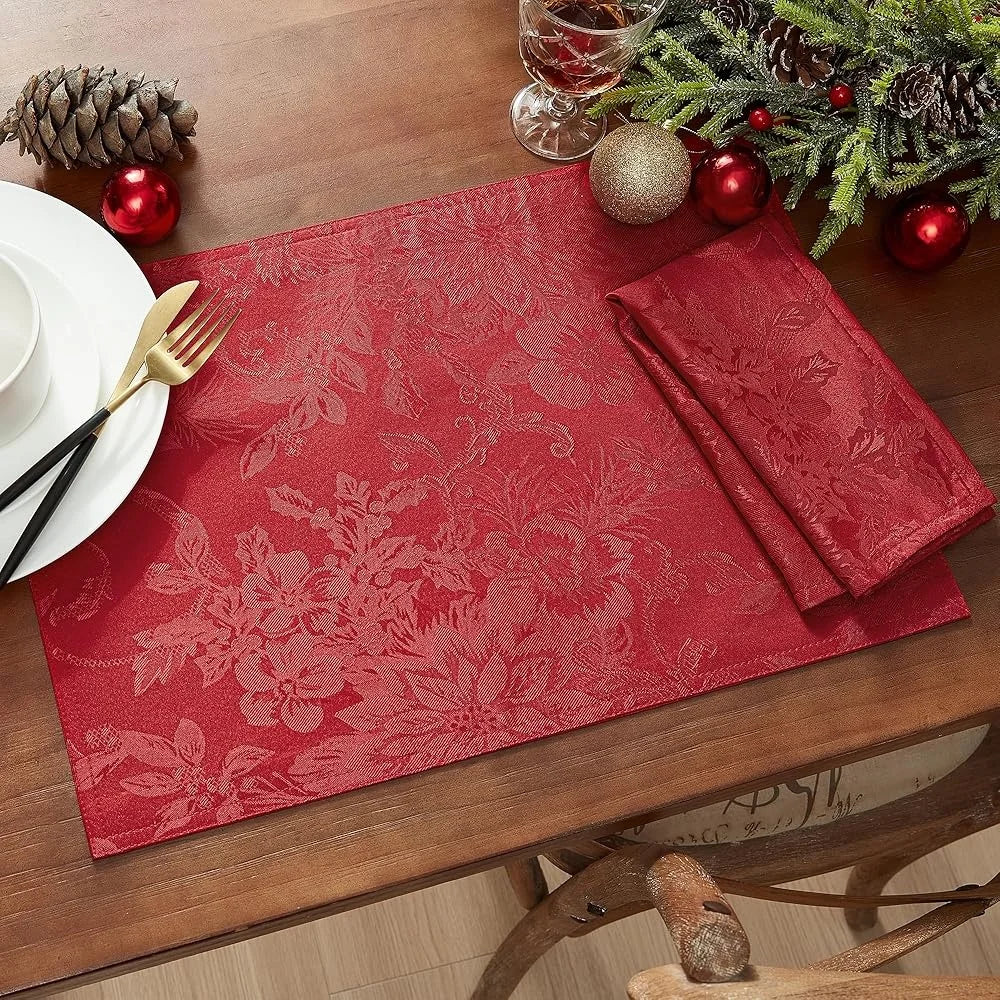 Set of 4 Elegant Poinsettia Christmas Placemats