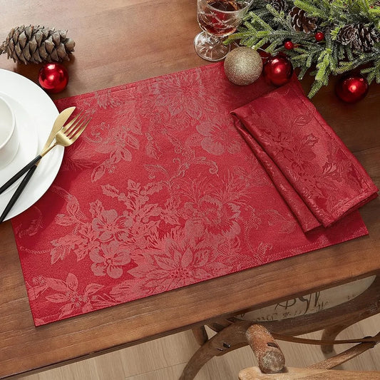 Set of 4 Elegant Poinsettia Christmas Placemats