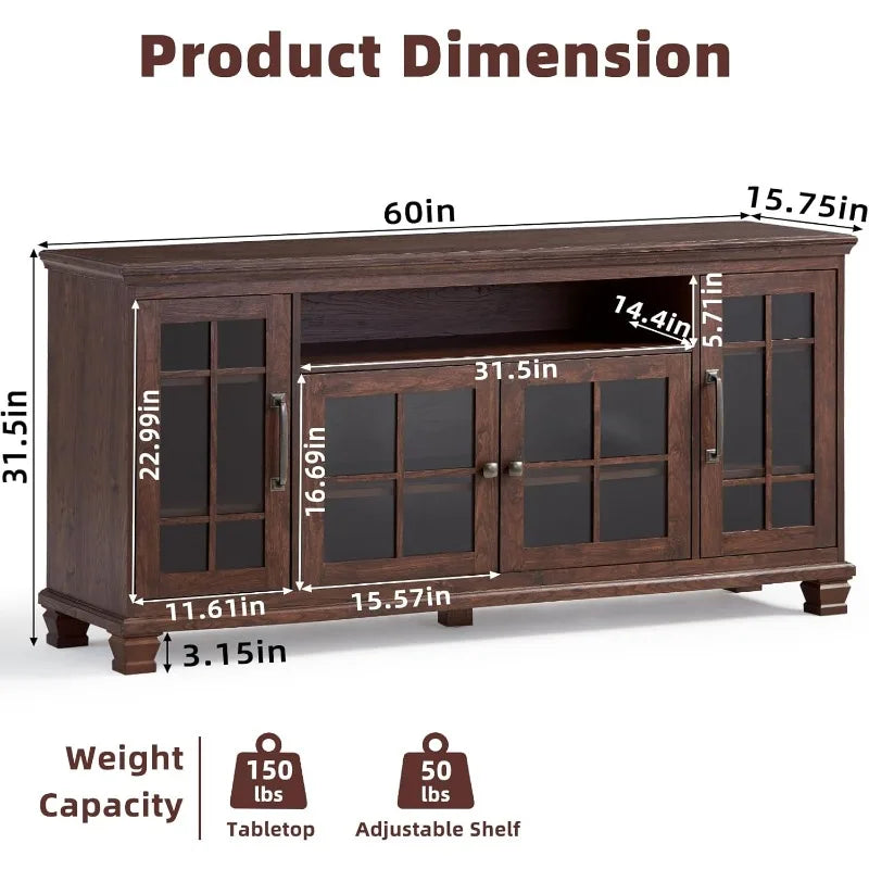 60" Wide Vintage Walnut Farmhouse Credenza