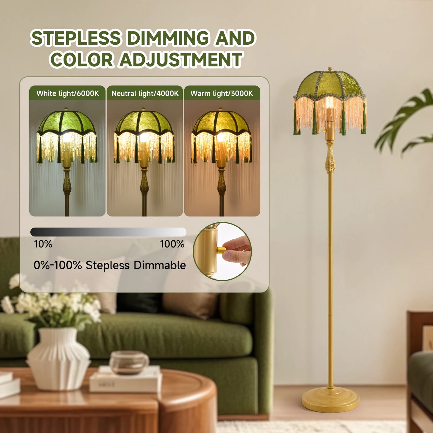 Retro Tassel Floor lamp with Dimmable Light