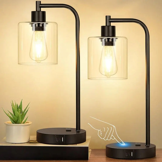 Industrial Touch Control Table Lamps with USB Set of 2