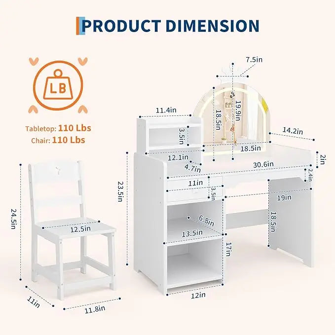 2 in 1 Princess Makeup Vanity Desk & Chair Set