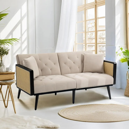 Velvet Loveseat Sofa with Rattan Armrests and 2 Pillows, Modern Convertible