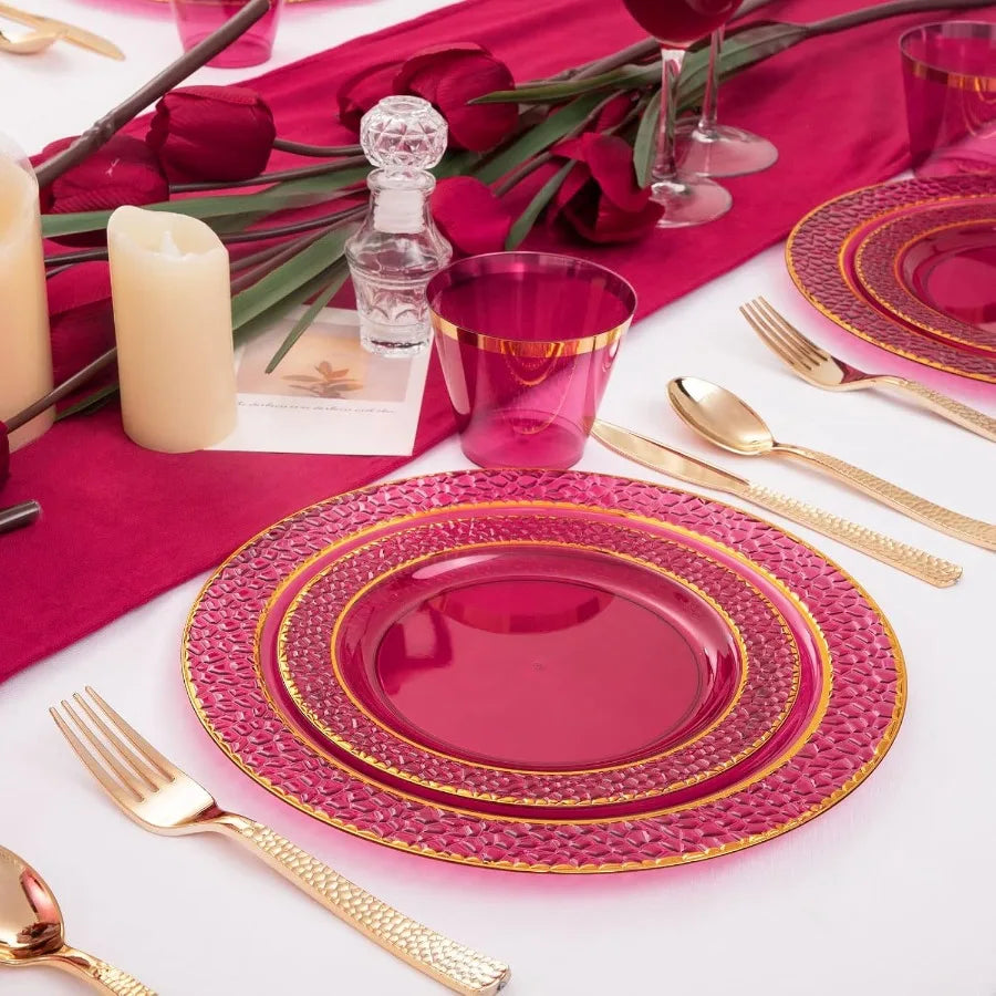 150 PCS-Red and Gold Disposable Plate Set
