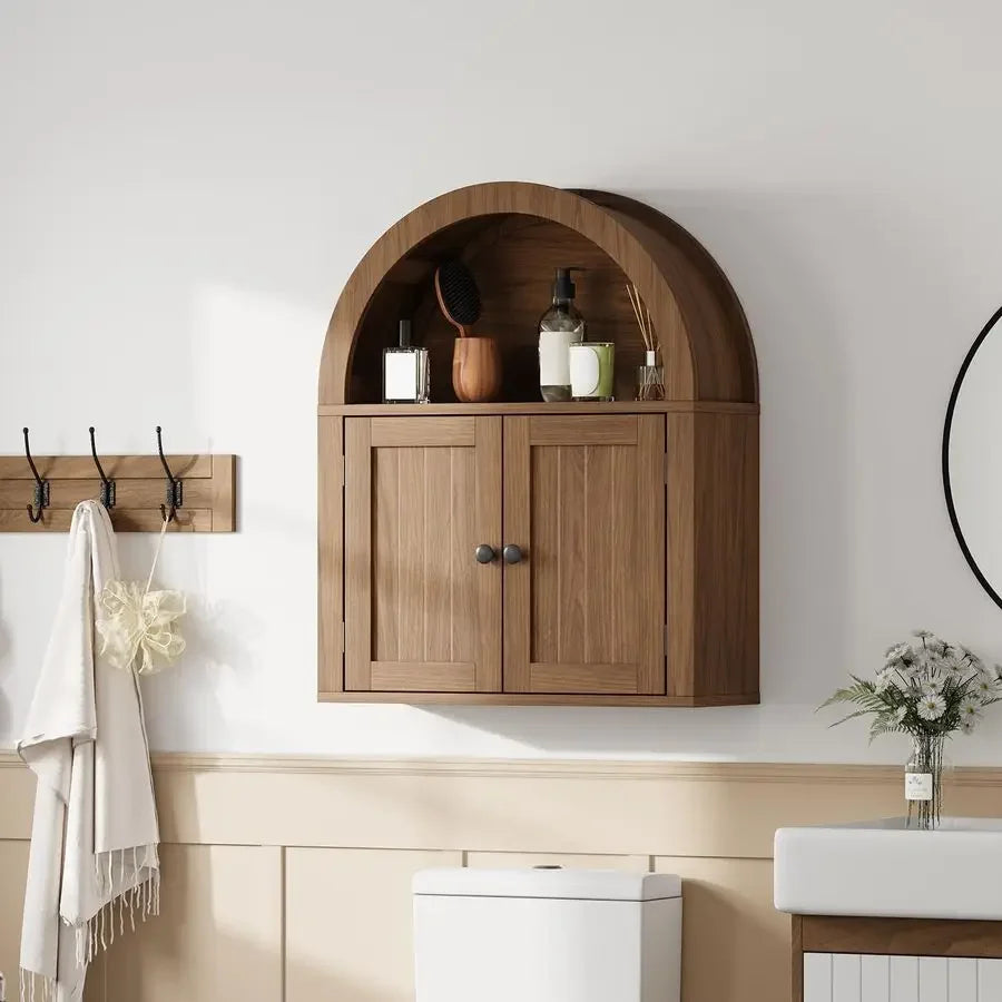 Arched Wall Cabinet, Bathroom Cabinet Wall Mount Over The Toilet with Display Shelf, Double Door Medicine Cabinet, Wooden Stora