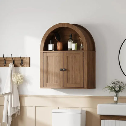 Arched Wall Cabinet, Bathroom Cabinet Wall Mount Over The Toilet with Display Shelf, Double Door Medicine Cabinet, Wooden Stora