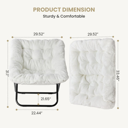 JHK 28IN Cozy Saucer Chairs Soft Faux Fur Large Size Folding Lounge Living Room Padded Seat Metal Frame Reading Chair Furniture