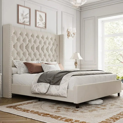 Velvet Deep Button Tufted King Platform Bed Frame
