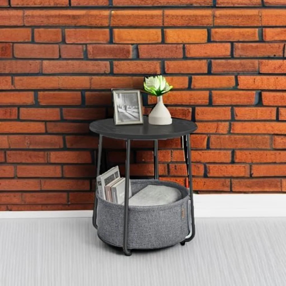 Modern Round Side Table, with Fabric Basket