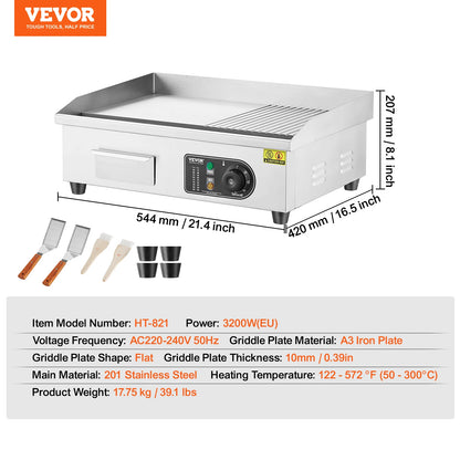 14"-22" Stainless Steel Flat Top Electric Griddle